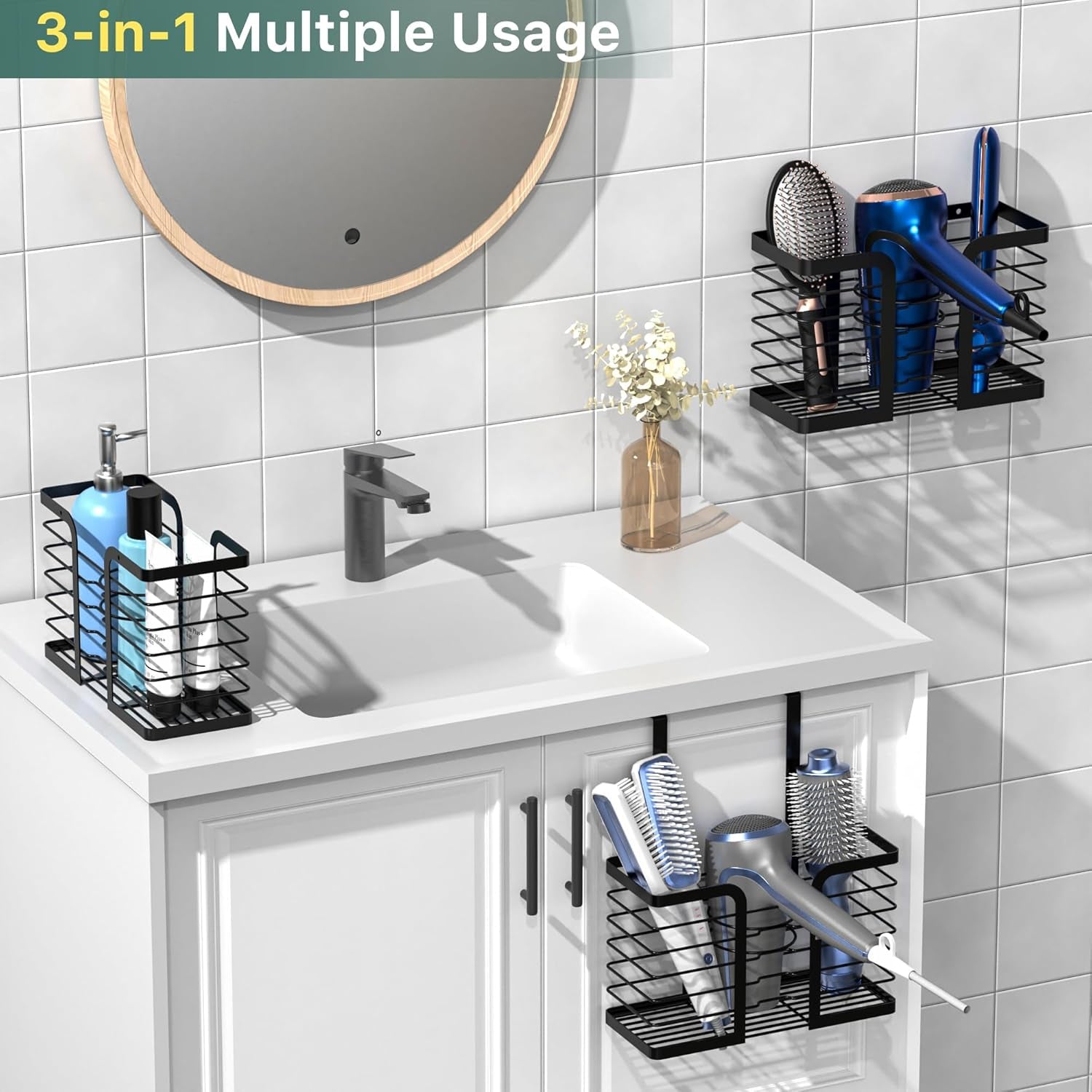 Ultimate 3-In-1 Hair Dryer Holder & Tool Organizer - Adjustable Wall-Mounted Storage for Blow Dryers, Flat Irons, and Curling Irons