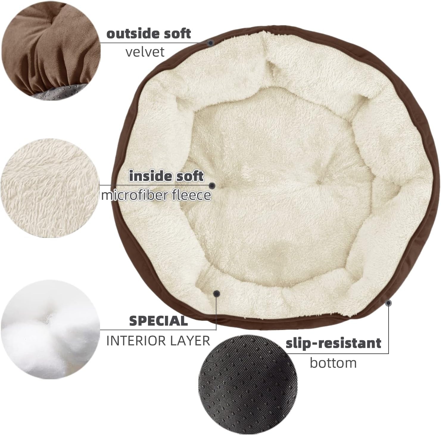 20-Inch Indoor Small Dog and Cat Bed, Ultra-Soft, Machine Washable, Anti-Slip, Water-Resistant Oxford Base, Brown