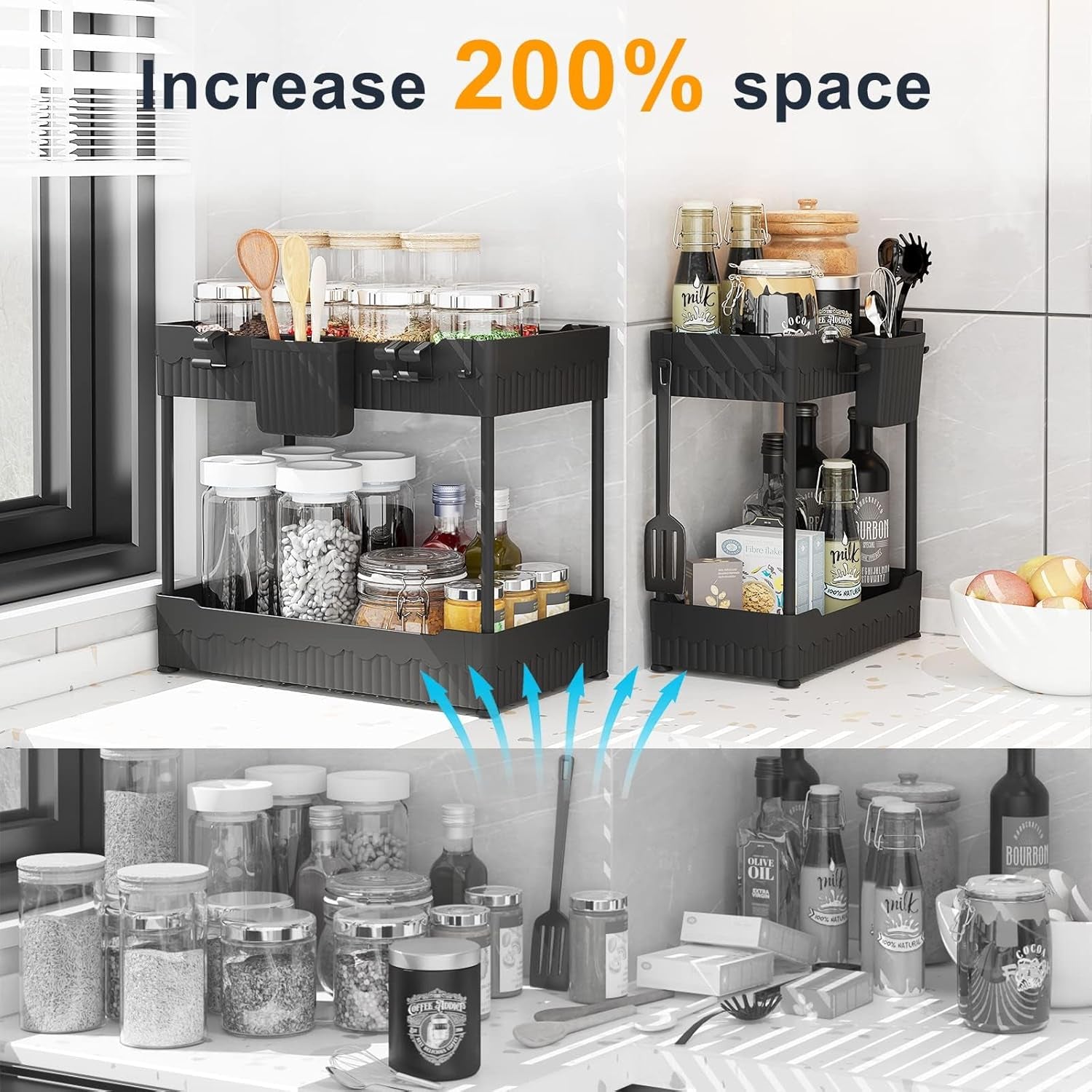 Maximize Your Space with Our Stylish Under Sink Organizer Set! 🖤✨ Perfect for Kitchen & Bathroom - 2 Pack with Hooks!