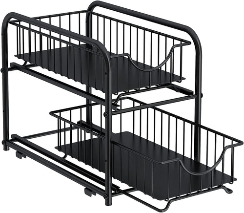 Maximize Your Space with Our 2-Tier Stackable Pull-Out Organizer – Perfect for Under Sink, Pantry, and Desktop! 🖤✨