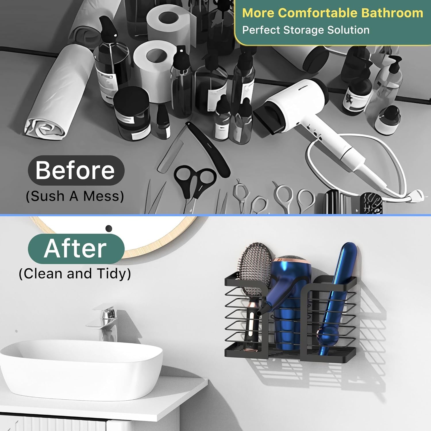 Ultimate 3-In-1 Hair Dryer Holder & Tool Organizer - Adjustable Wall-Mounted Storage for Blow Dryers, Flat Irons, and Curling Irons