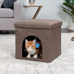 Cozy Coconut Brown Indoor Cat & Small Dog House - Collapsible Footstool Condo with Plush Toy