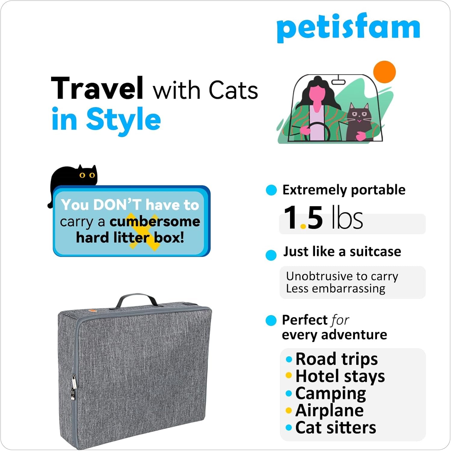 Portable Cat Travel Litter Box with Zippered Lid - Ideal for Convenient Use in Cars, Hotels, and Airplanes