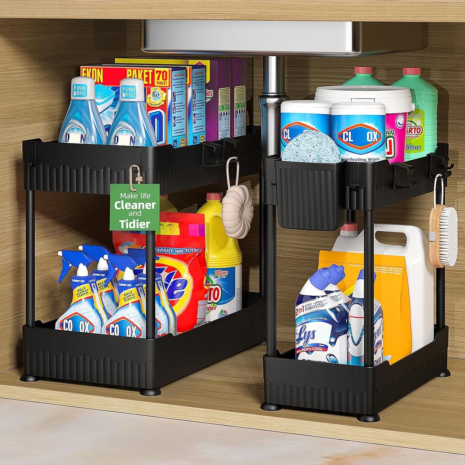 Maximize Your Space with Our Stylish Under Sink Organizer Set! 🖤✨ Perfect for Kitchen & Bathroom - 2 Pack with Hooks!